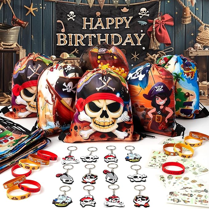 12 Sets Pirate Party Favors Birthday Supplies for Boy Kid, Drawstring Bag Silicone Bracelet Tattoo Sticker Keychain Pirate Pinata Filler Goodie Bag Stuffers Pirate Birthday Favors Party Supplies