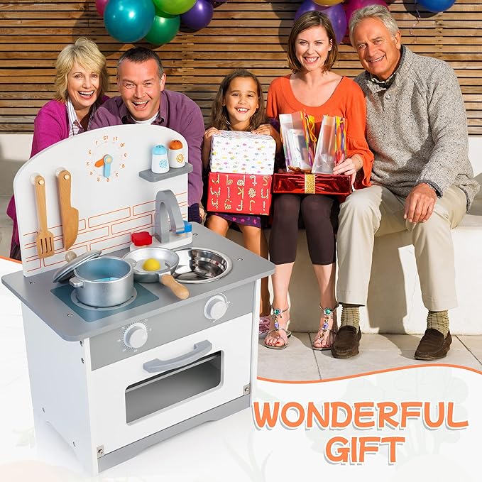 Wooden Toy Kitchen Set for Kids, Toy Kitchen Playset with Removable Sink Faucet & Play Food, Pretend Play Kitchen Toys for Toddlers Age 3+