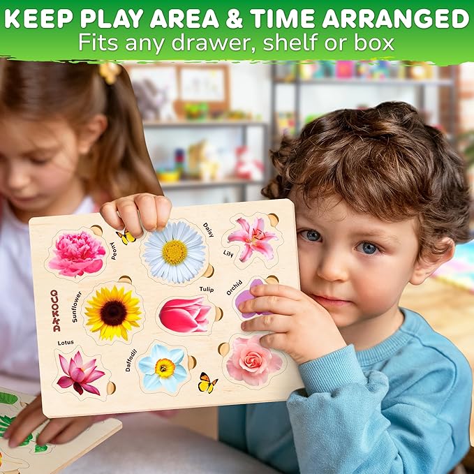 QUOKKA Wooden Puzzles for Toddlers 2-4 – 3X Set Montessori Toys Puzzles for Kids Ages 3-5 – Wood Educational Baby Game 12-18 Months – Gift Learning Mushrooms Flowers Leaves for Boy & Girl 3-5