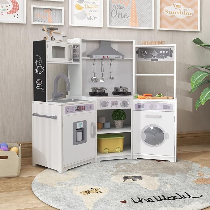 TaoHFE Corner Play Kitchen with Lights and Sounds White Kitchen Kids Toddler Kitchen Set with Washer Chalkboard Wooden Kitchen Kids Playset with Washing Machine Range Hood Girls Boys Gift for Ages 3+