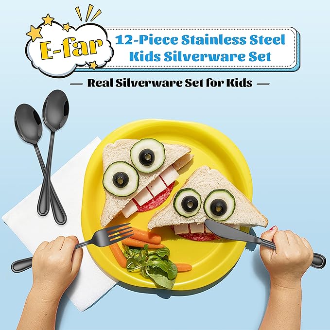 12-Piece Black Kids Silverware, E-far Stainless Steel Toddler Kids Utensils Safe for Preschooler/Children, Includes 4 Forks 4 Spoons 4 Knife, Slimline Look & Small Size, Healthy & Rust Free