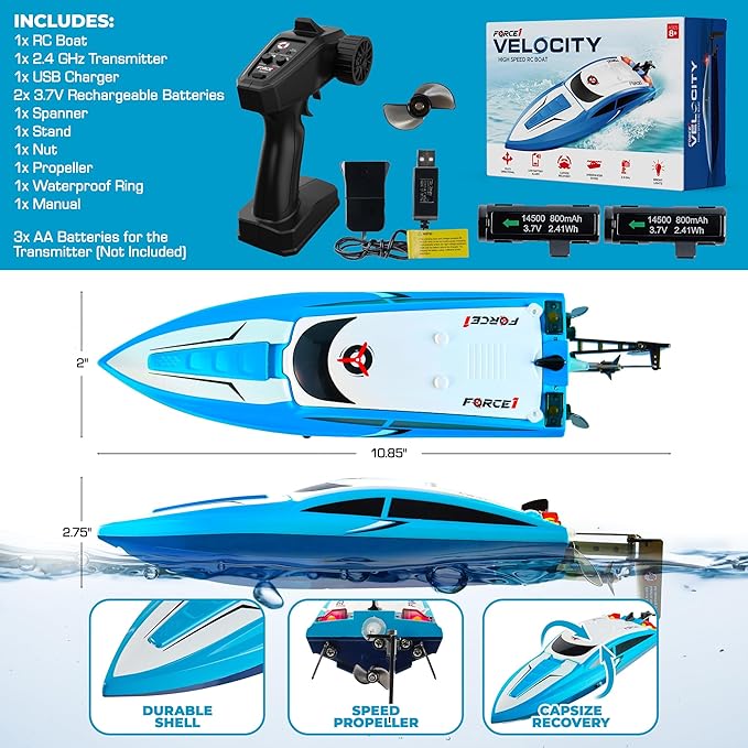 Force1 Velocity Blue Fast RC Boat- Remote Control Boats for Adults and Kids, Underwater Speed Racing Mini RC Boats for Pools and Lakes, 2.4GHZ Transmitter, 2 Rechargeable Batteries, Low Battery Alert