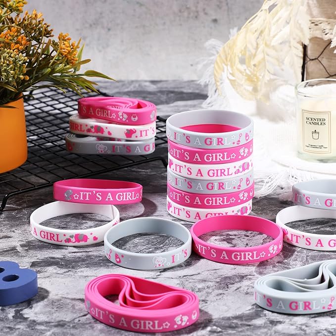 Zomiboo 36 Pieces Baby Shower Rubber Bracelets, It's a Girl Wristbands Elephant Baby Shower Decorations for Boy Girl Baby Shower Party Favor Gender Reveal Party Supplies(Girl Style)