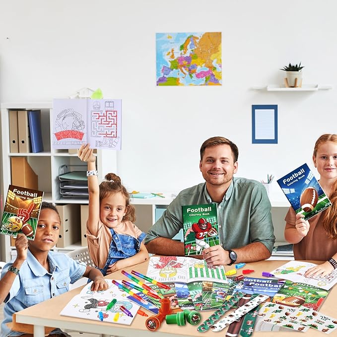 BenLouis 168Pcs Football Party Favors Sports Football Theme Birthday Party Favors Coloring Books Bulk for Kids Super Football Bowl Party Team Gift Goodie Bag Fillers Classroom games Rewards Supplies