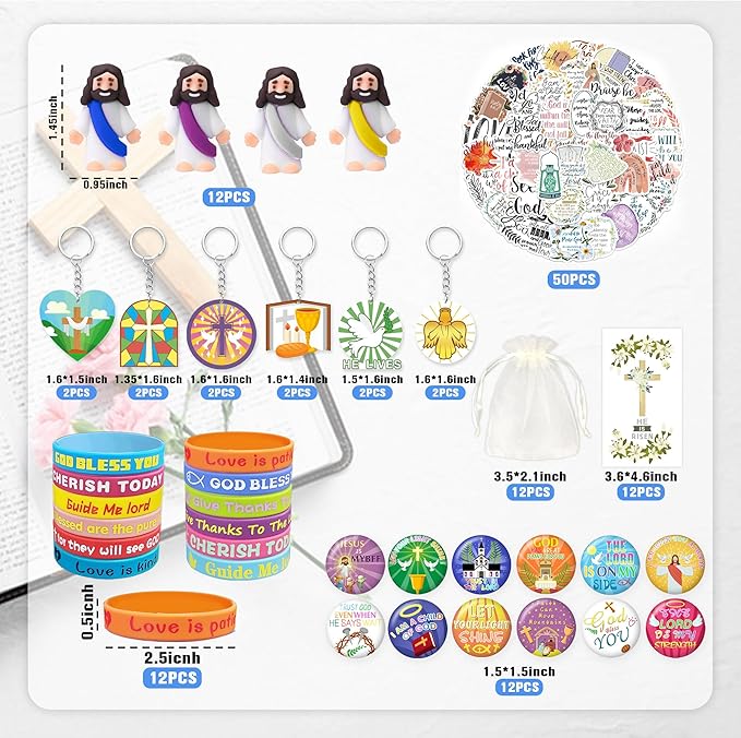Tazimi 122 PCS Christian Bible Party Favors Jesus Party Favors Cross Goodie Bags with Stickers Rubber Bracelets Button Pins and Bags for Christian Party Supplies Decorations