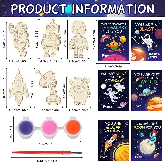 36Pcs Space Party Favors Space Cards with Art Supplies Outer Space DIY Wood Painting Craft Kits Astronaut Thank You for Coming Gifts for Kids Boys Girls Solar System Birthday Gift Bulk (Pre-Assembled)