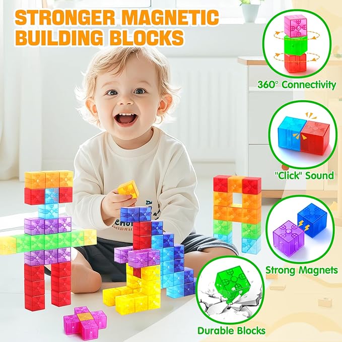 Magnetic Blocks - 52pcs Translucent Magnetic Cubes, Digit Building Blocks Magnet Toys for Kids, Rainbow STEM Creativity Toys 3+ Year Old Boys & Girls Toddlers Kids Christmas Birthday Gifts