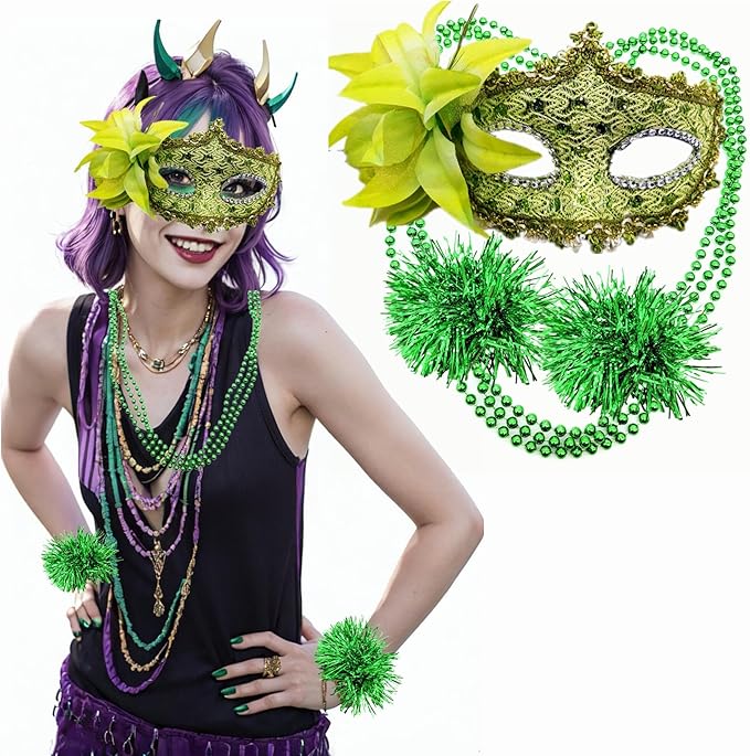 Qiandier 18pcs Mardi Gras Masks Bead Necklaces Bracelet Feathers Women Masquerade Party Mask Purple Green Gold