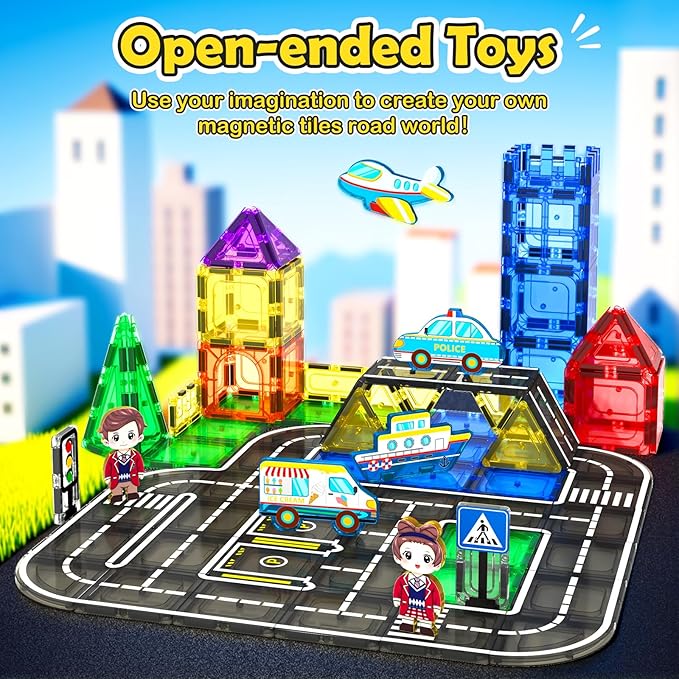 Magnetic Tiles City Road Set with Magnet Car Toys, Magnetic Blocks Building Toys for Kids, STEM Construction Toys for Toddlers,Toy Gifts for 3+ Year Old Boys & Girls