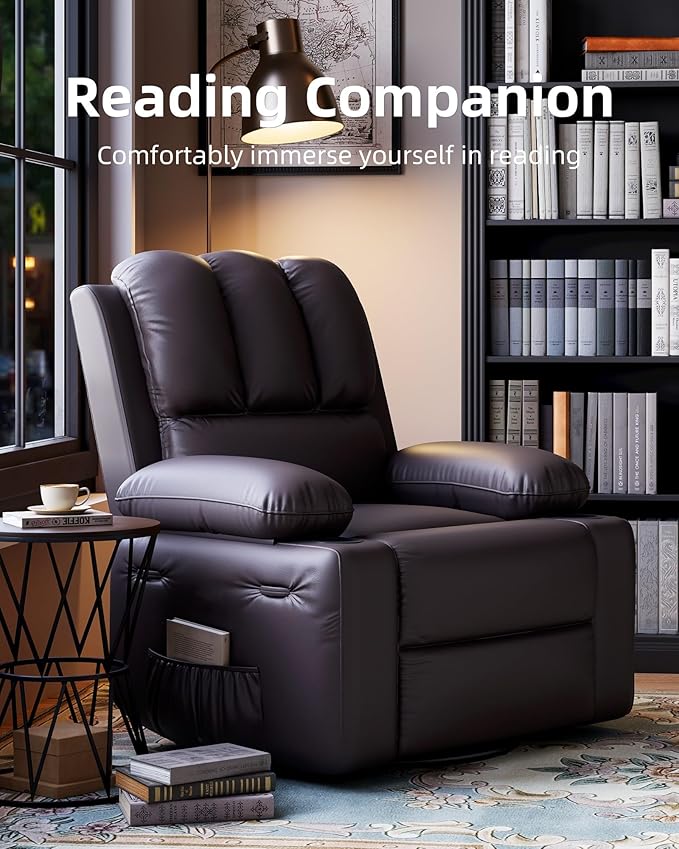 22'' Leather Recliner Chair for Adults, Overstuffed Manual Recliner Chair, Single Sofa with Cup Holder and Side Pockets, Upholstered Chair for Living Rooms, Coffee