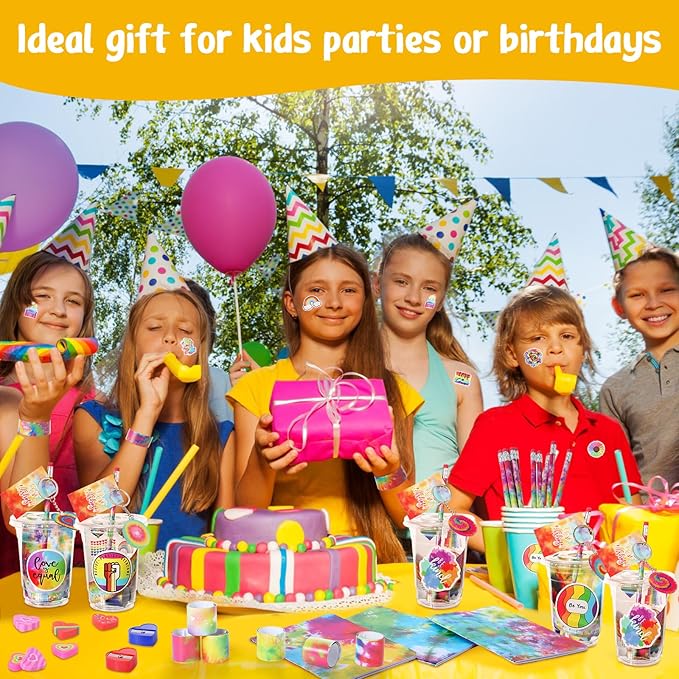 Noveread 251 Pcs Party Favors Set Includes Drink Gift Cup Mini Notebooks Pencils Heart Eraser Pencil Sharpener Slap Bracelets Ruler Tattoo Stickers Cards Keychain School Stationery Set (Tie Dye)