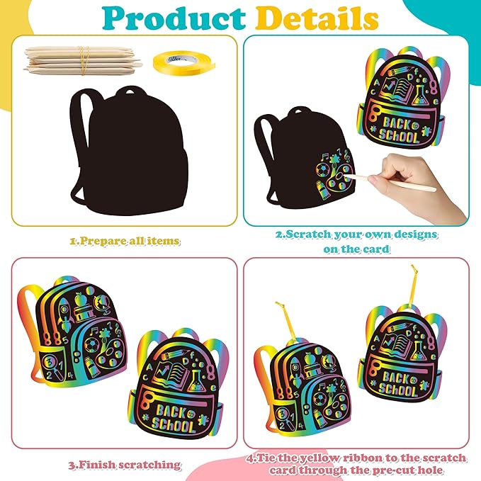 B1ykin School Bag Scratch Cards Gift - Back to School Magic Bag Scratch Paper Art Kit for Kids, DIY First Day of School Scratch Off Hanging Card Party Favors for Classroom Activity Art Project