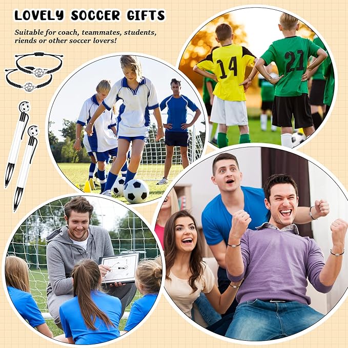 Sabary 30 Pcs Sport Theme Party Favors Set, 15 Pcs Soccer Pens 15 Pcs Soccer Theme Bracelets Ballpoint Pens Adjustable Bracelet Sport Party Gifts for Kids Teens Team Members (Black)