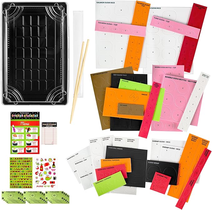 Fashion Angels Sushi Sticker Stackers, Foam Sticker Stacking Set with 3D Modeling, Includes Play & Pretend Food Stackable Stickers, Craft Activity Kit for Kids