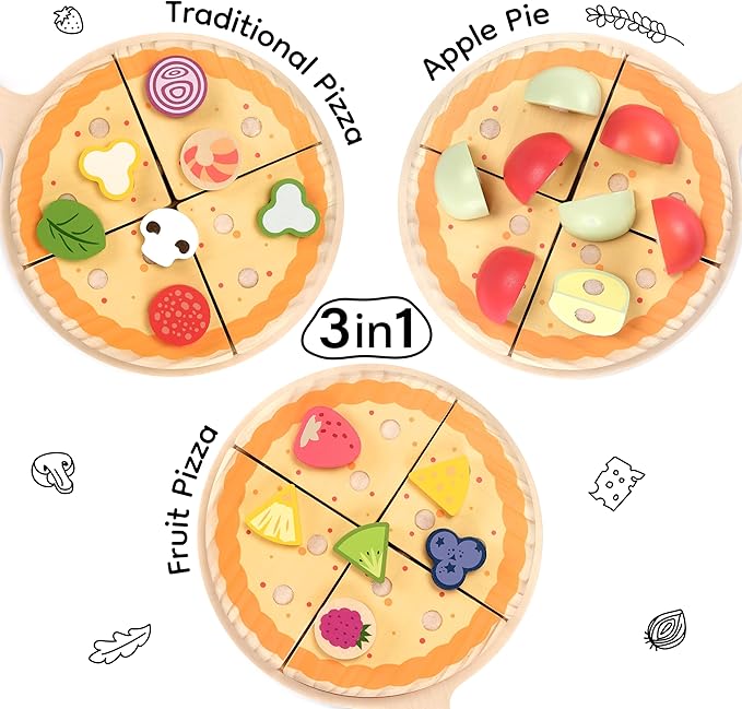 PairPear Wooden Pizza Toy Cutting Play Food Set, Kids Pretend Play Kitchen Accessories, Wooden Kids Kitchen Playset, Pizza Making Toy Set Cooking Gifts for Boys Girls Age 3+