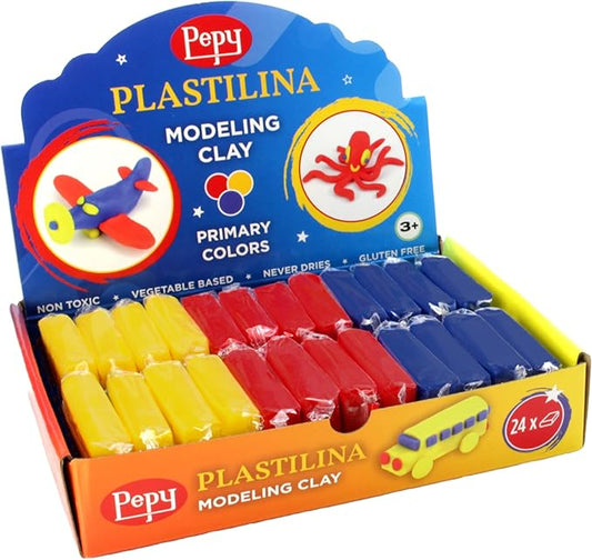 Pepy Plastilina Reusable and Non-Drying Modeling Clay; Set of 24 Bars, 1.4 Ounce Each, 8 Each of 3 Colors, Perfect for Arts and Crafts Projects, Primary Colors …