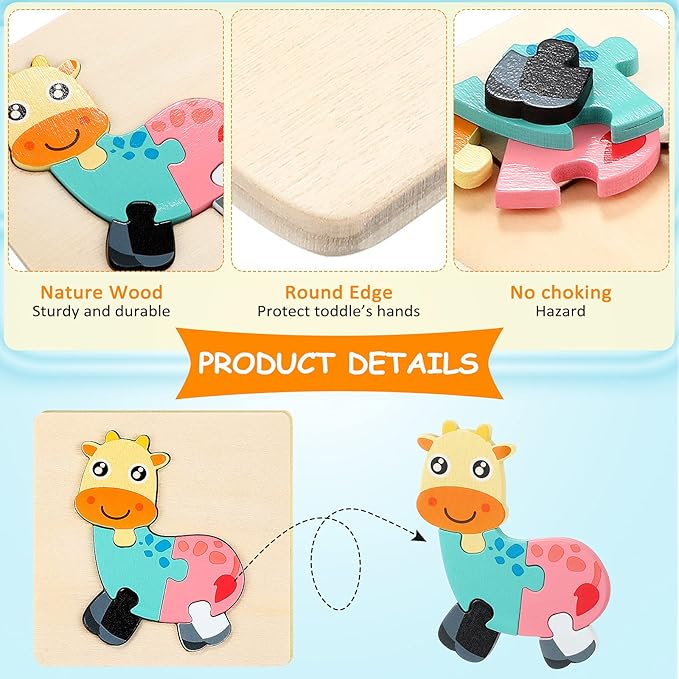 6 Pack Wooden Puzzles for Toddler 1-3 Years Old Wood Jigsaw Puzzles for Boys Montessori Games and Educational Toys for Kids Wooden Toddler Puzzles Present (Animal)