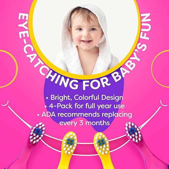 Trueocity Baby Toothbrush 4 Pack & Bonus Silicone Finger Brush, Soft Bristles, Toddler Toothbrushes, Infant & Training w/Teething Handle, 0-2 Years, Pink Set