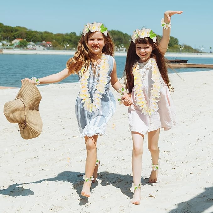 HOBBY HORSE 12 Pieces Hawaiian Luau Flower Leis Halloween Decor Leis White Necklaces Bracelets Headband Anklets Set Tropical Party Favor for Halloween Cosplay Beach Wedding Birthday Party Supplies