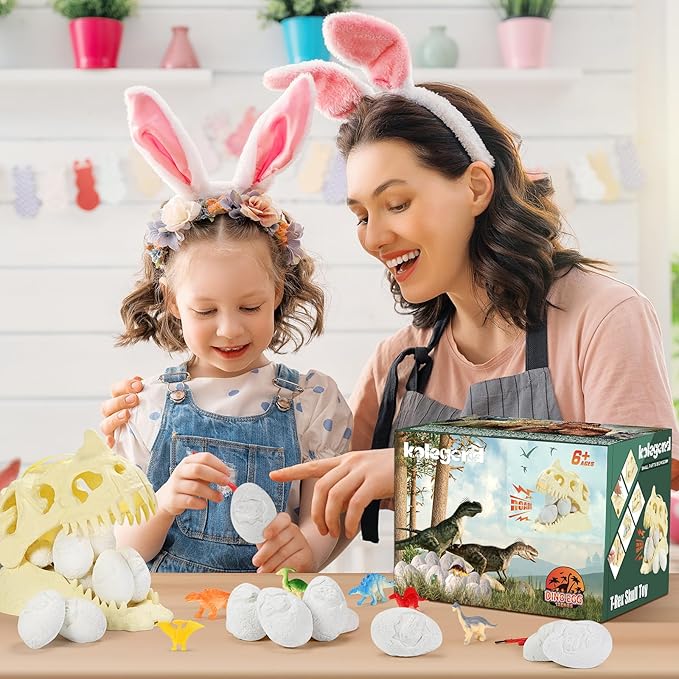 kolegend 12 Pack Dino Eggs Dig Kit and T. Rex Skull Dinosaur Eggs Excavation Set Easter Gift Dinosaur Toys Science Experiments Kits for Kids Easter Basket Stuffers Toys for 3+Year Old Boys Girl