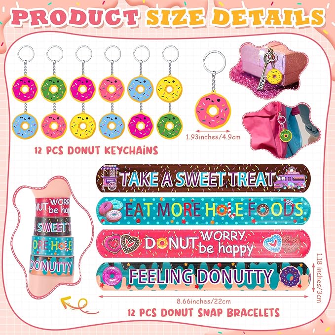 110 Pcs Donut Party Favors Include 12 Mini Donut Bubble Wands 12 Straws 12 Keychains 12 Donut Party Bags 12 Snap Bracelets 50 Stickers for Doughnut Birthday Party Gift Goodie Bag Fillers