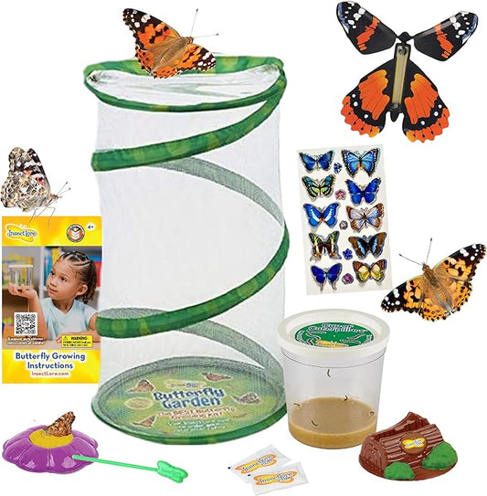 Insect Lore Butterfly Garden Gift Set | 8" Habitat with Live Cup of Caterpillars | Stickers and Extras Included | Life Science & STEM Education Kit | Grow Painted Lady Butterflies