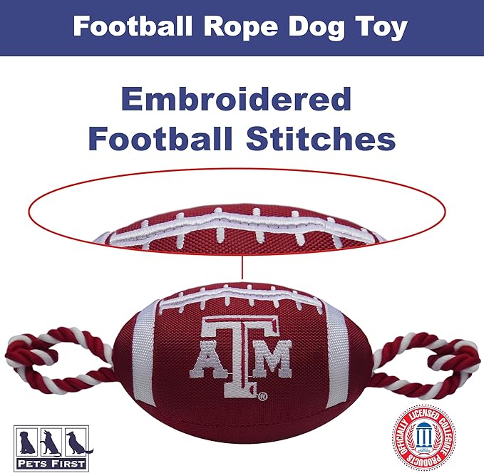 Pets First NCAA Texas A&M Aggies Football Dog Toy, Tough Quality Nylon Materials, Strong Pull Ropes, Inner Squeaker, Collegiate Team Color