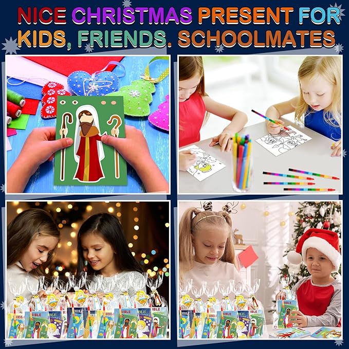Zhanmai 108 Pcs Christmas Party Favors Bible Coloring Book with Stacking Crayons for Kids Squishes Christmas Toys DIY Sticker Stampers Goodie Bag Fillers Supplies School Educational Reward Prizes