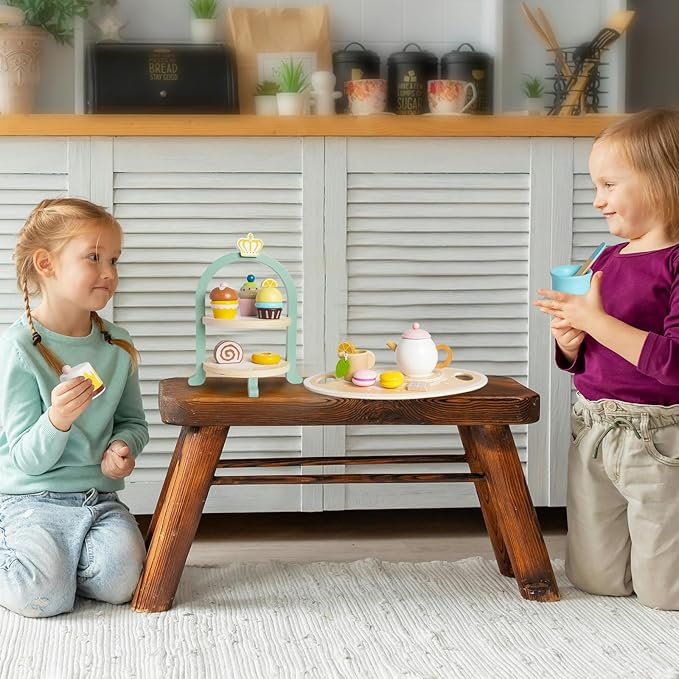 Wooden Tea Party Set for Little Girls,Pretend Play Kitchen Accessories for Toddler 2-10 Years Old,20pcs Wooden Toys for 2 3 4 5 6 Year Old Girl Birthday Gift