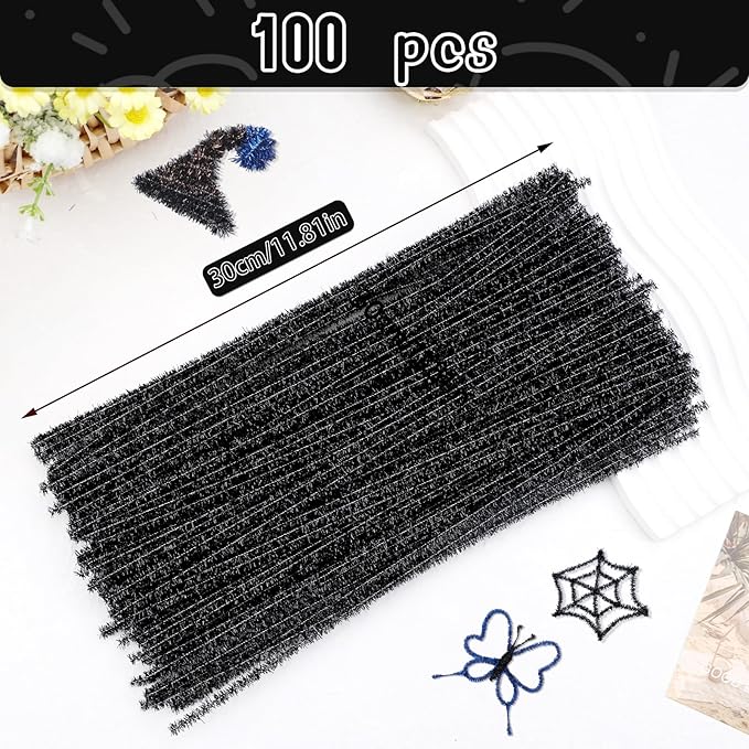 Hssugi Pipe Cleaners Black, 100PCS Christmas Pipe Cleaners Craft Supplies, Glitter Black Pipe Cleaners for Hair Fuzzy Sticks for DIY Art and Craft Projects Home Decoration