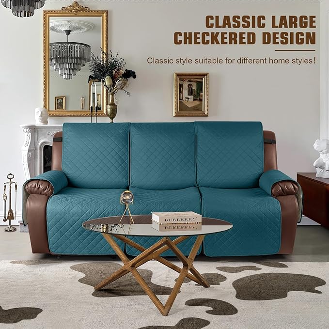 KinCam Waterproof Recliner Sofa Cover, Non-Slip Reclining Couch Covers for 3 Seat, Recliner Couch Cover Furniture Protector with Elastic Straps for Pets, Kids, Peacock Blue