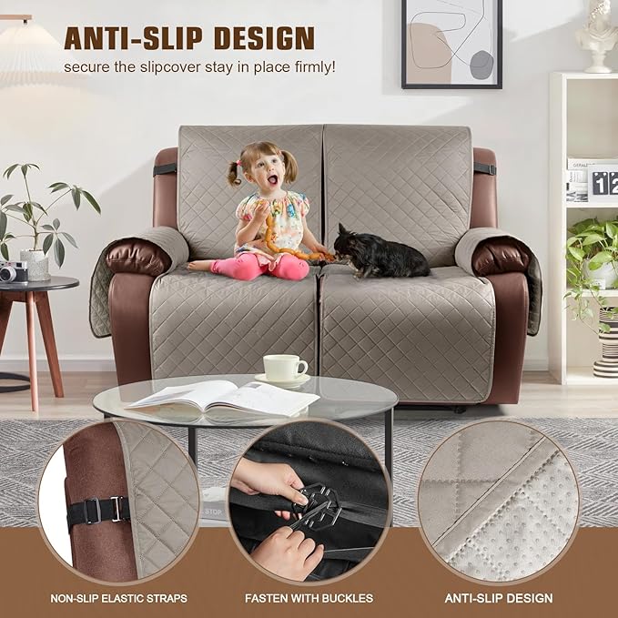 KinCam Waterproof Loveseat Recliner Cover, Non-Slip Reclining Couch Covers for 2 Seat, Recliner Sofa Cover Furniture Protector with Elastic Straps for Kids, Pets, Khaki