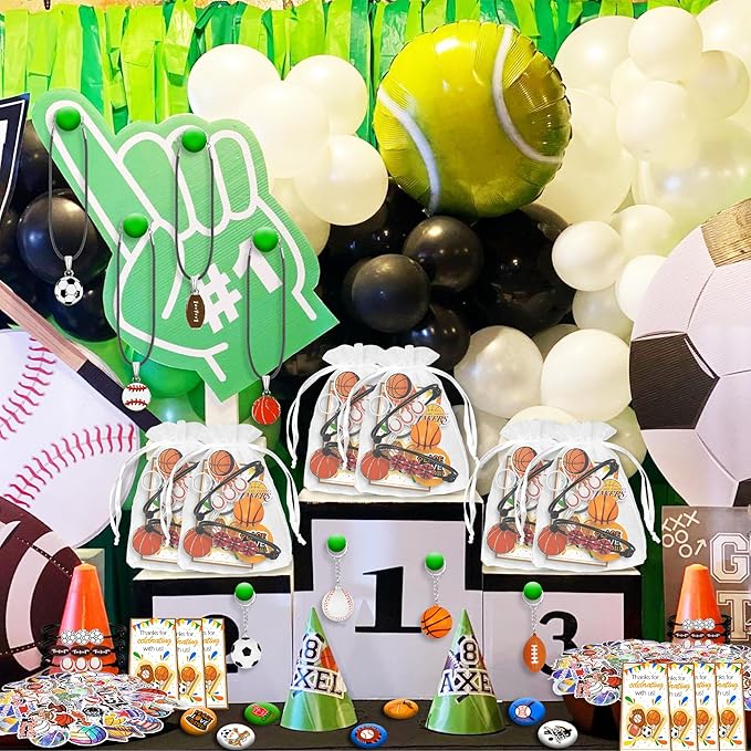 122 PCS Sports Party Favors Basketball Baseball Football Soccer Party Gift Thank You Tags Goodie Bags for Sports Club Party Favors Kid Birthday Party Baby Shower Sports Theme Party Supplies (Style 01)
