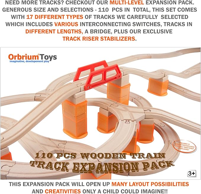 Orbrium Toys 110 Pcs Wooden Train Track Expansion Pack Compatible with Thomas Wooden Train, Brio, Thomas The Tank Engine