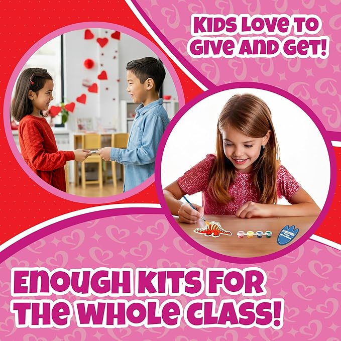 Set of 24 Valentines Cards for Kids Classroom - Valentine's Day Dinosaur Wood Painting Kits for Kids School - Each Valentines Gift Includes Complete Craft Kit & Card for Boys Girls Classroom Exchange