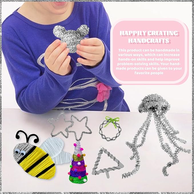 TOAOB 100pcs Christmas Glitter Pipe Cleaners Silver Metallic Pipe Cleaners Craft Supplies 6mm x 12 Inch Chenille Stems Pipe Cleaners for Art DIY Crafts Decorations