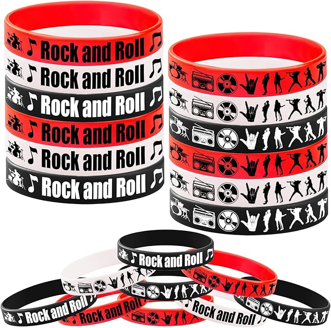 CupaPlay 24PCS Rock and Roll Rubber Bracelets -Rock and Roll Theme Party Supplies Decorations 80s 90s Party Music/Musical Birthday Baby Shower Silicone Wristbands Party Favors