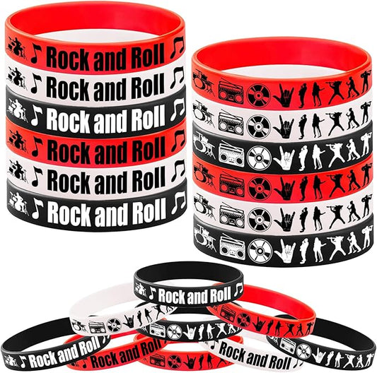 CupaPlay 24PCS Rock and Roll Rubber Bracelets -Rock and Roll Theme Party Supplies Decorations 80s 90s Party Music/Musical Birthday Baby Shower Silicone Wristbands Party Favors