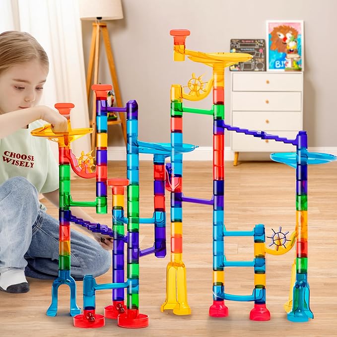 JOYIN 150Pcs Glowing Marble Run- Construction Building Blocks Toys with 5 Glow in The Dark Glass Marbles, STEM Educational Building Block Toy