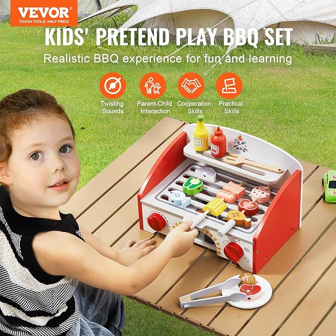 VEVOR Kids BBQ Grill Toy, Wooden Barbecue Kitchen with Realistic Carbon Fire, Wooden Play Food Kitchen Accessory (26 PCS), Indoor/Outdoor Interactive Pretend Play Toys for Boys Girls Ages 3+ Gift