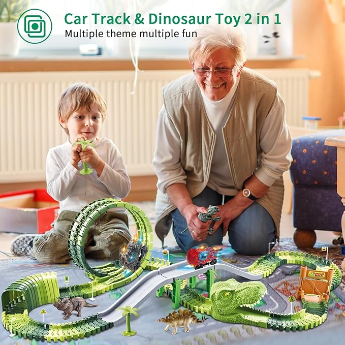 Dinosaur Race Track Toys for Kids Toddlers,206PCS Create A Dinosaur World Road Race, Birthday Gift Dinosaur Toys for 3 4 5 6 7 8Years Old Boys and Girls,Flexible Train Tracks with 2 Race Cars