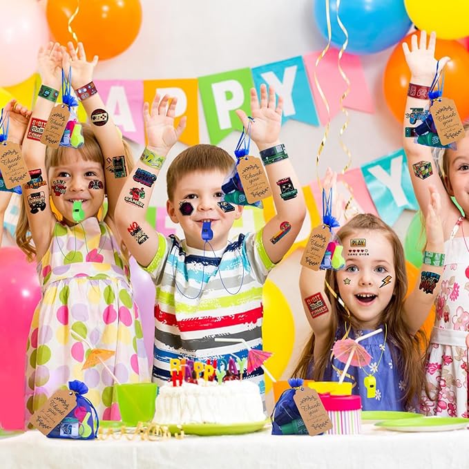 134 Pcs Video Game Party Favors, Includes Video Game Slap Bracelet Keychain Stamper Whistle Mesh Bag Card Stickers Tattoos for Kids Gaming Party Favors Birthday Goodie Bag Fillers