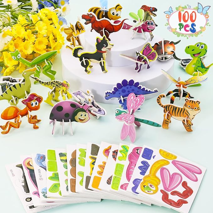 100Pcs 3D Cartoon Puzzle Educational Themed 3D Jigsaw Puzzles for Kids Toys DIY Kits Toys Art Crafts for Ages 4-10 Boys and Girls Birthday Present Gift