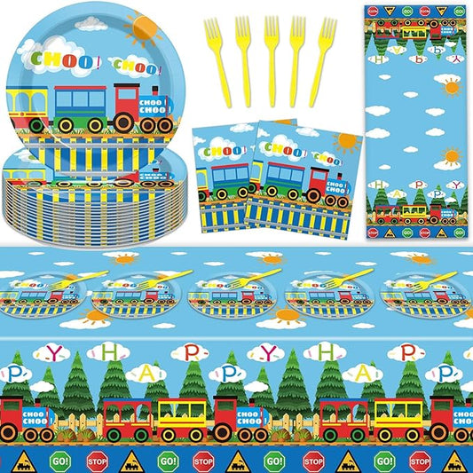 gisgfim Train Birthday Party Supplies Train Theme Party Tableware Includes Train Party Plates Napkins Fork and Train Theme Tablecloth for Birthday Parties Decorations Set Serve 20