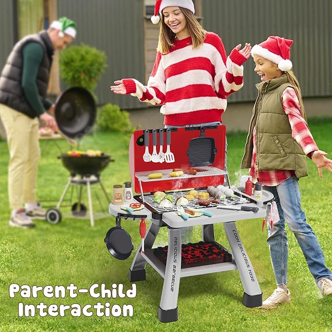 Toddler BBQ Grill Playset - Kitchen Toy Set with Smoke Sound & Light, Toy Grill BBQ Playset for Kids with Pretend Play Food Toys in/Outdoor Interactive Toys BBQ Cooking Game for Girls Boys