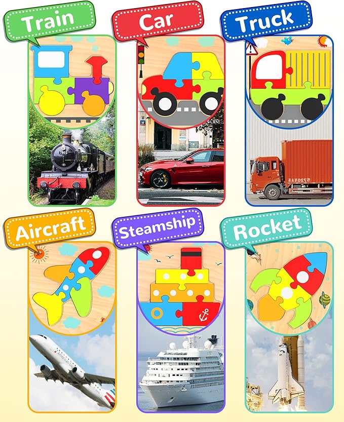 Yetonamr Wooden Toddler Puzzles Gifts Toys for 1 2 3 Years Old Boys Girls, 6 Vehicle Shape Montessori Toys Educational Blocks Easter Basket Stuffers Kids Gift Baby Learning Toy Age 1-3, 2-4