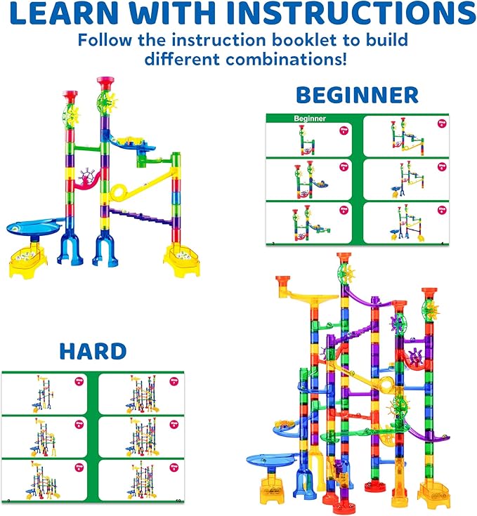 JOYIN 170Pcs Glowing Marble Run, Construction Building Blocks Toys with 5 Glow in The Dark Glass Marbles, STEM Educational Building Block Toy(120 Plastic Pieces + 50 Glass Marbles)