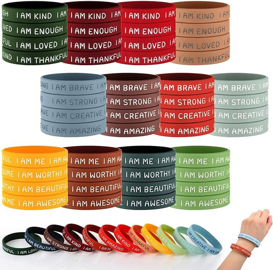 Sratte 48 Pcs Inspirational Silicone Wristbands Rubber Stretch Unisex Bracelets Student Gift Stocking Suffers for Class(Classic Color)