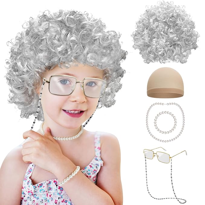 100th Day of School Costume for Girls, Old Lady Cosplay Silver Curly Wig Glasses Wig Cap Pearl Necklace Bracelet Accessories