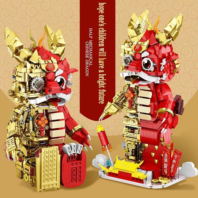 Suitable for Ages 15+ Small Particles (1962 Pieces) Semi Mechanical Chinese Loong Building Block Toys Compatible with Lego Comes with a Transparent Display Box and Building Block Tool Set